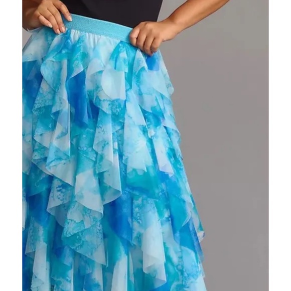 Anthropologie The Cheri Ruffled Tulle Midi Skirt Elastic Waist Lined  Combo Blue - Picture 2 of 9
